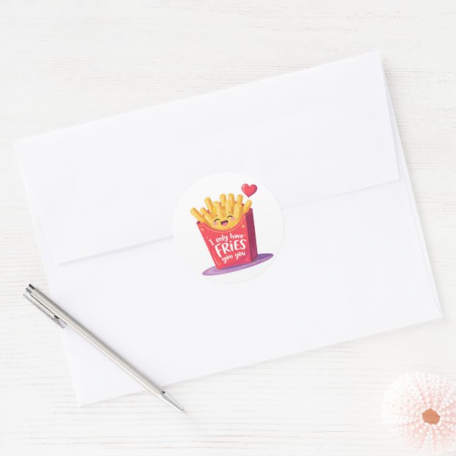 Cute Valentine French Fries Pun Classic Round Sticker (Envelope)