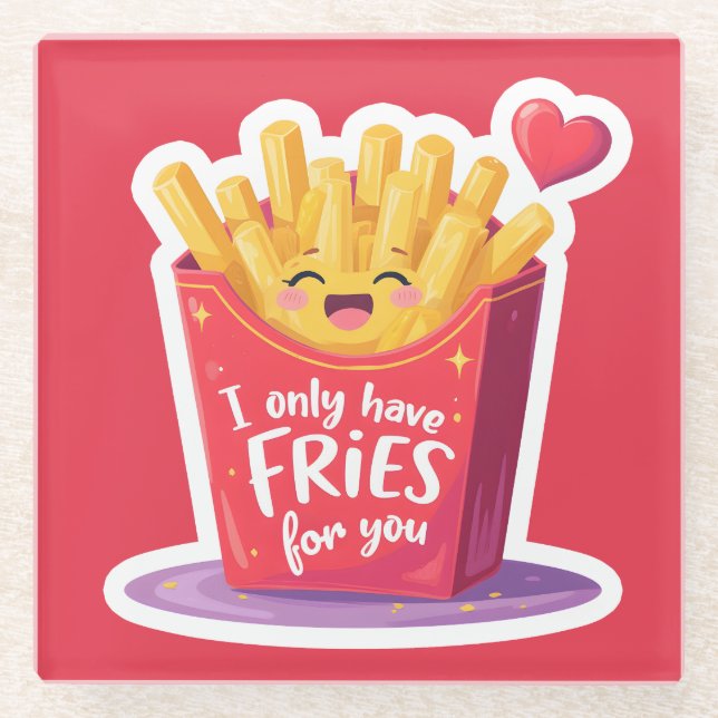 Cute Valentine French Fries Pun Glass Coaster (Front)