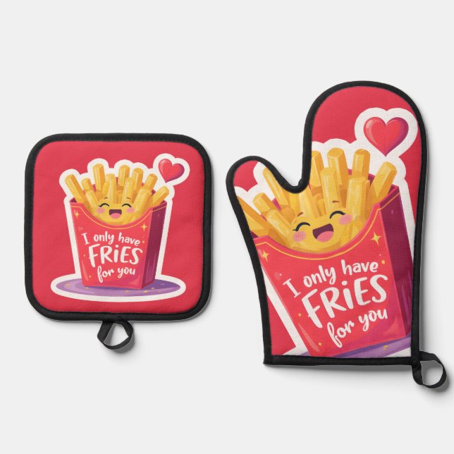 Cute Valentine French Fries Pun Oven Mitt & Pot Holder Set (Front)