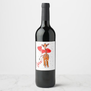 Cute valentine giraffe with heart balloons wine label