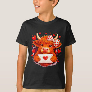 Cute Valentine Highland Cow With Heart Bow Western T-Shirt