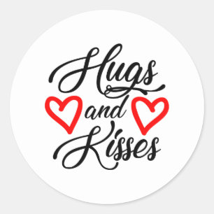 Cute Valentine hugs kisses word art Classic Round Sticker