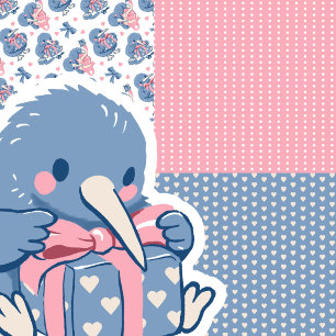 Cute Valentine Kiwi Bird Hearts Bow Soft Pink Blue Wrapping Paper Sheet