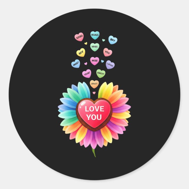 Cute Valentine Love Sunflower Hearts Candy For Gir Classic Round Sticker (Front)