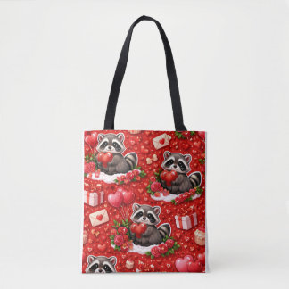 Cute Valentine Raccoon Pattern Red Hearts & Roses Tote Bag