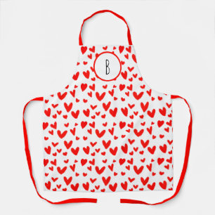 Cute Valentine Red Heart Doodles Pattern Monogram Apron