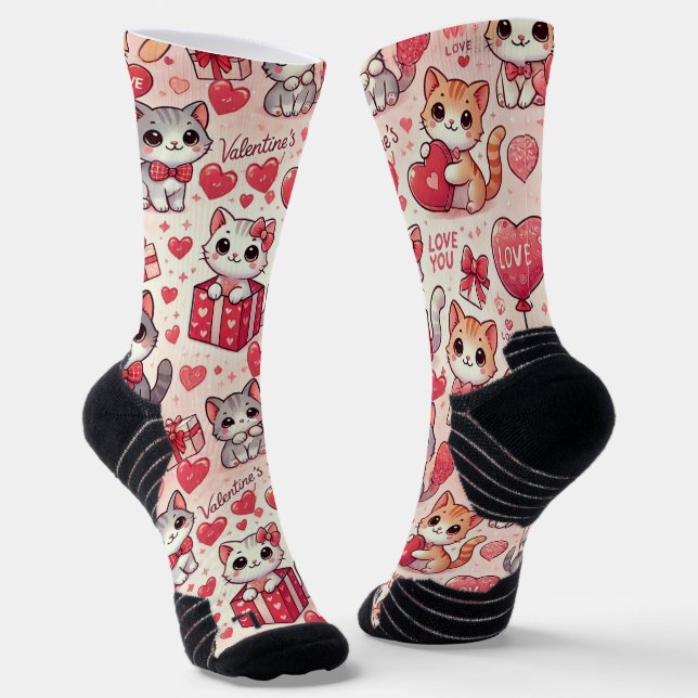 Cute Valentine’s Day Cat Pattern Socks (Angled)