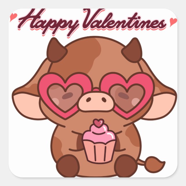 Cute Valentine’s Day Cow Sticker, Valentines Cow Square Sticker (Front)