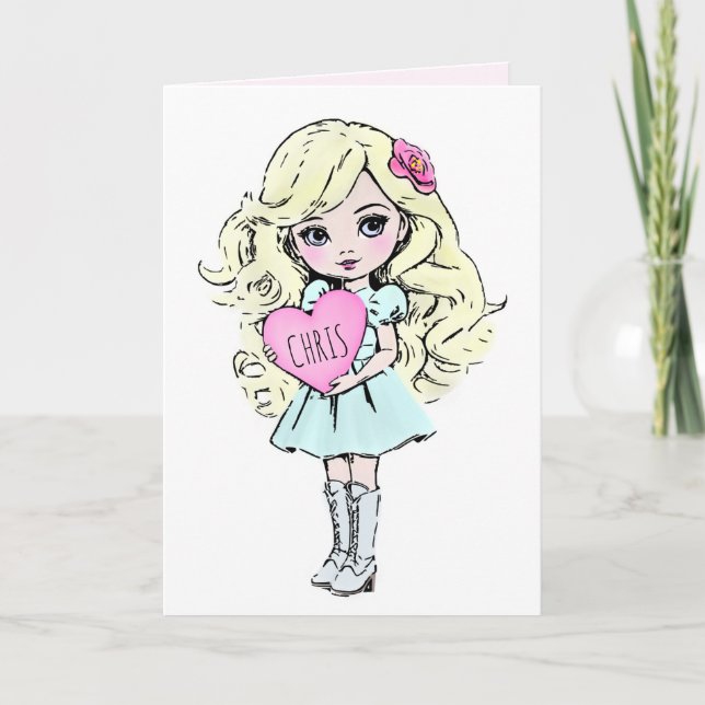 Cute Valentine’s Girl Holding Heart  Card (Front)