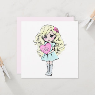 Cute Valentine’s Girl Holding Heart  Card