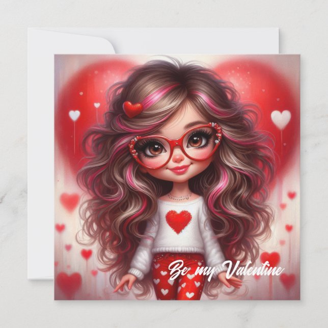 Cute Valentine sassy girl with red heart love Holiday Card (Front)