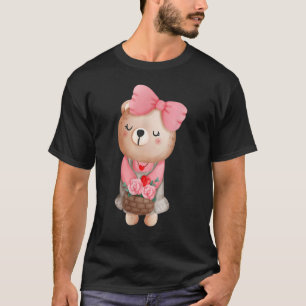 Cute Valentine Teddy Bear Pink Lovely Ribbon Flowe T-Shirt