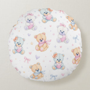 Cute Valentine Teddy Bear Seamless Pattern Round Cushion
