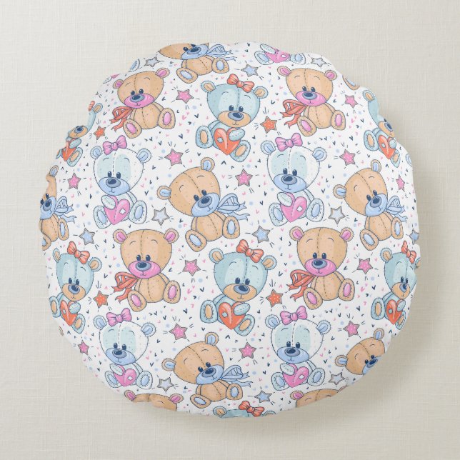 Cute Valentine Teddy Bear Seamless Pattern Round Cushion (Front)