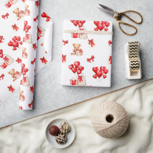 Cute Valentine Teddy with Heart Shaped Balloons Wrapping Paper