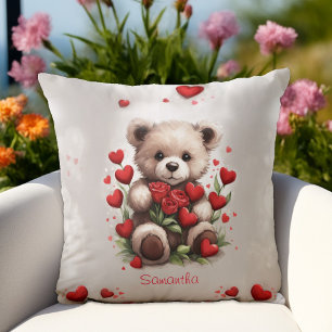 Cute Valentine's Bear with Red Roses and Hearts Cushion