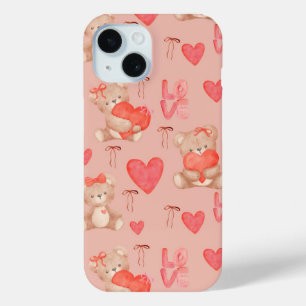Cute Valentines Brown Teddy Bear Seamless Pattern iPhone 15 Case