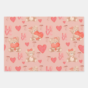 Cute Valentines Brown Teddy Bear Seamless Pattern Wrapping Paper Sheet