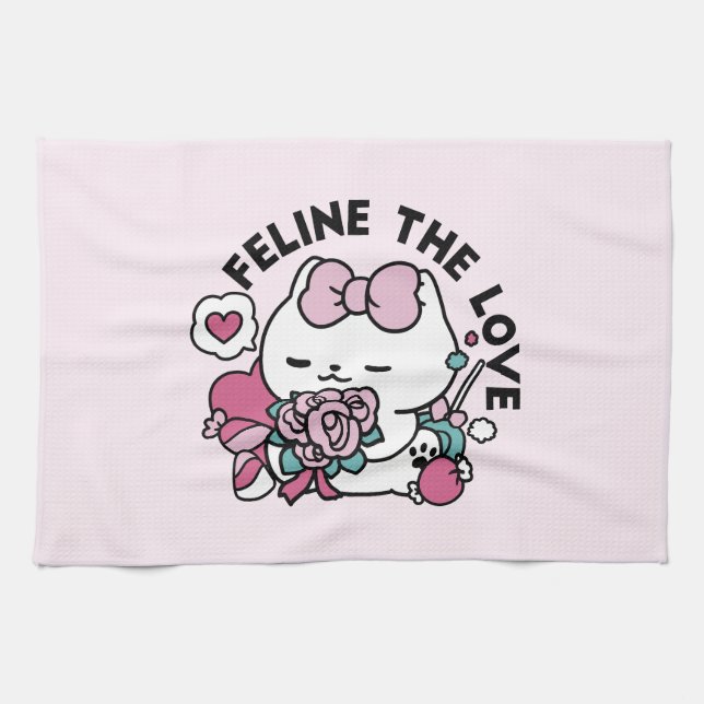 Cute Valentine's Cat Design – Feline the Love Tea Towel (Horizontal)