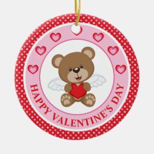 Cute Valentine's Day Bear and Heart with Polka Dot Ceramic Tree Decoration