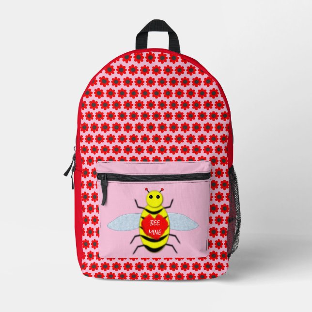 Cute Valentines Day Bee Printed Backpack (Front)