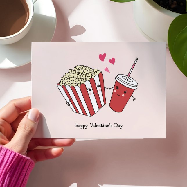 Cute Valentines Day Card Popcorn And Soda Design (cute valentine's day card featuring popcorn and soda in love.)