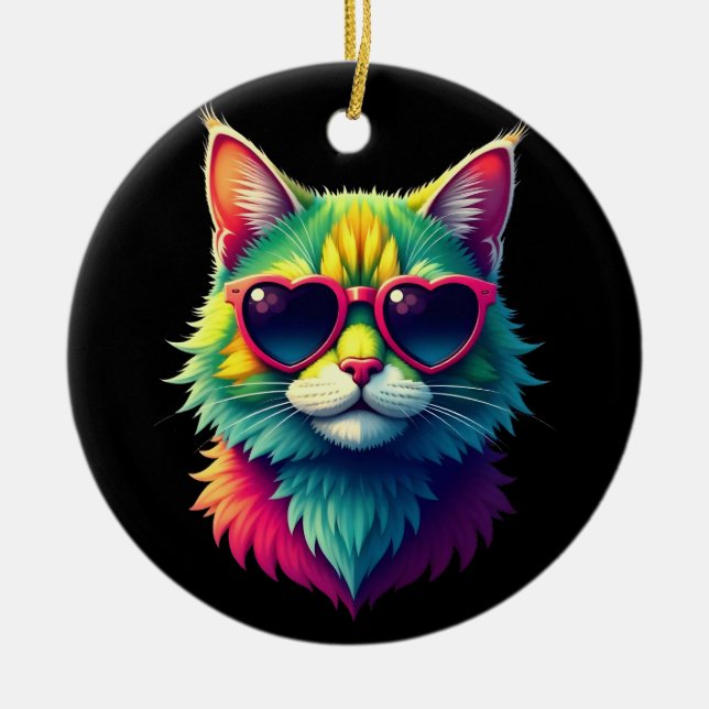 Cute Valentines Day Cat Heart Sunglasses Cat Lover Ceramic Tree Decoration (Front)