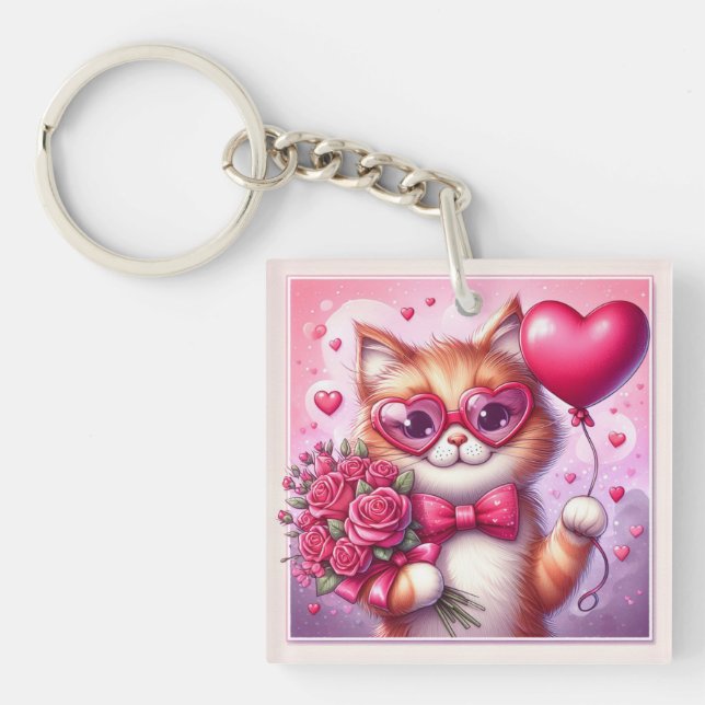 Cute Valentine's day cat/kitten Key Ring (Front)