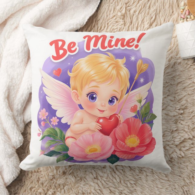 Cute Valentine's Day Cupid with "Be Mine" Cushion (Blanket)