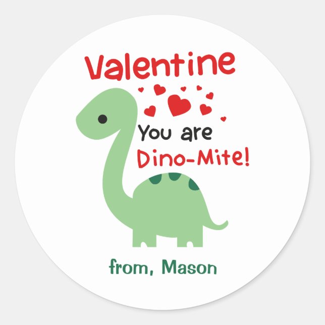 Cute Valentine's Day Dino Classic Round Sticker (Front)