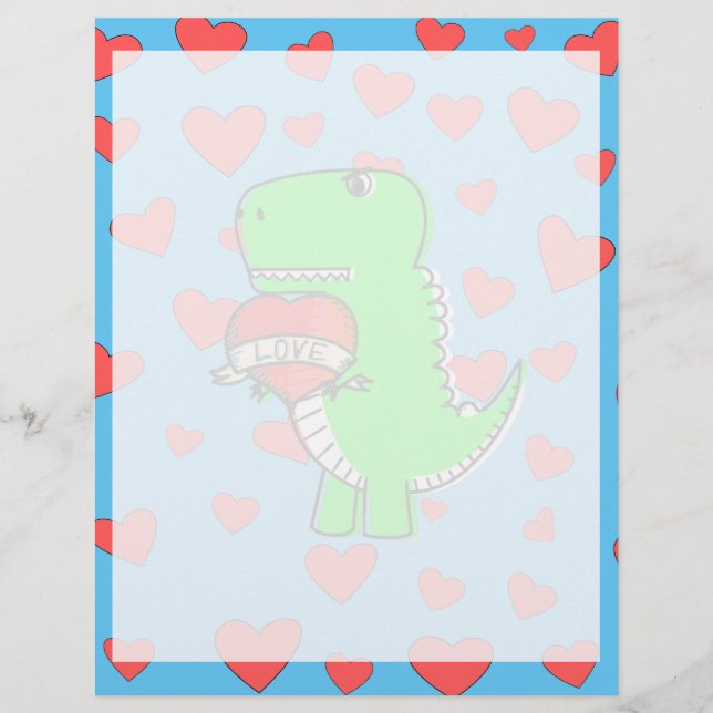 Cute Valentines Day Dinosaur Custom Letterhead (Front)