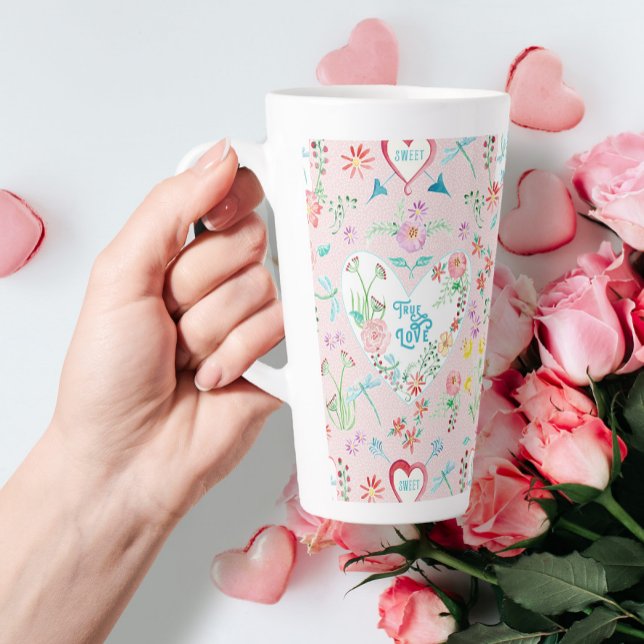 Cute Valentines Day Floral Hearts n Love Pink  Latte Mug (Creator Uploaded)