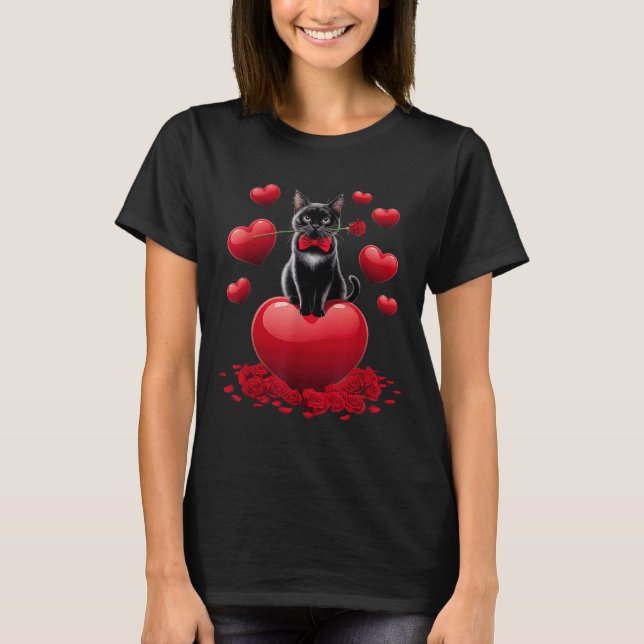 Cute Valentines Day Heart Black Cat Women Girls Ki T-Shirt (Front)