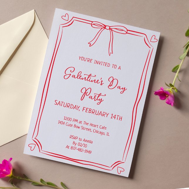 Cute Valentine's Day Party Girly Red Bow Hearts Invitation (Creator Uploaded)