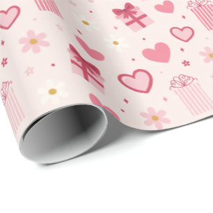 Cute Valentine's Day Pattern Pink Hearts and Gifts Wrapping Paper