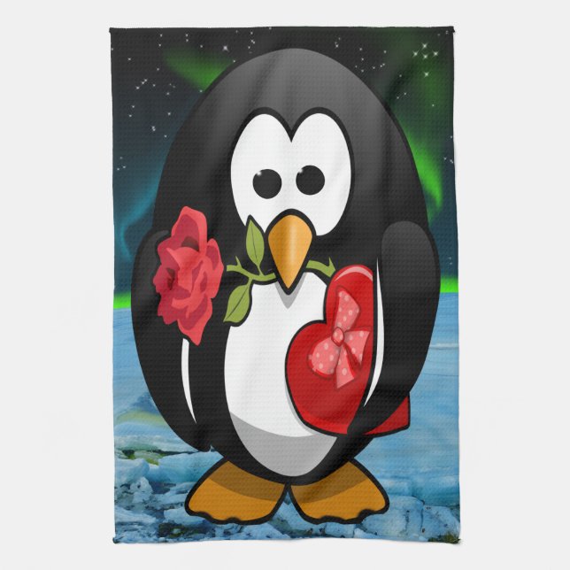 Cute Valentine's Day Penguin Funny Cartoon Tea Towel (Vertical)