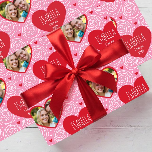 Cute Valentine's Day Photo Name Hearts & Roses Wrapping Paper (Creator Uploaded)