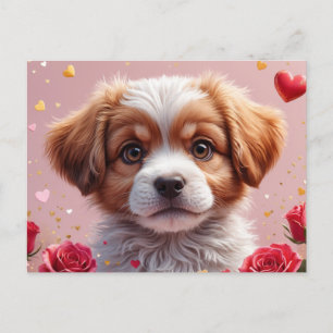 Cute Valentine's Day Puppy with Roses Holiday Postcard