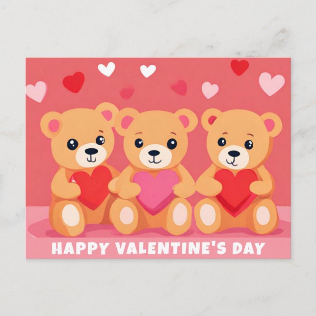 Cute Valentines Day Teddy Bear Heart Pink Red Postcard (Front)