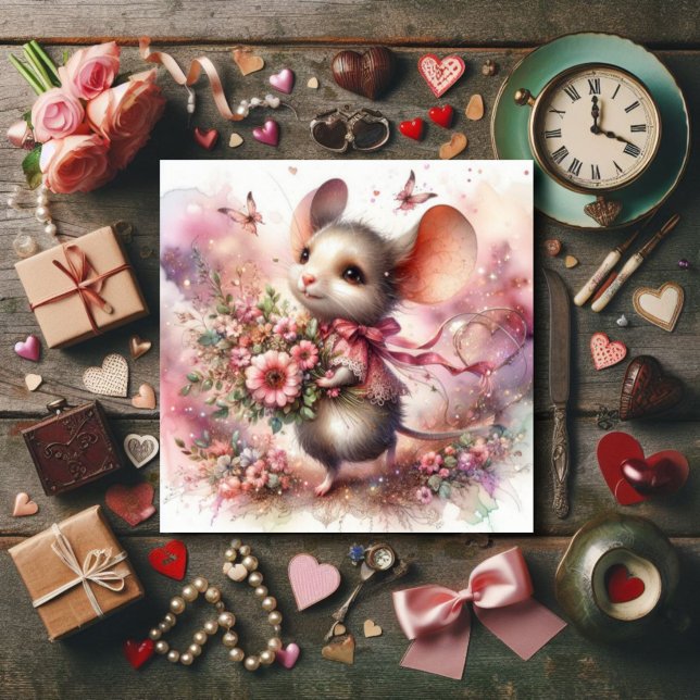 Cute Valentine's Day Watercolor Mouse Pink Flowers Holiday Card (Creator Uploaded)