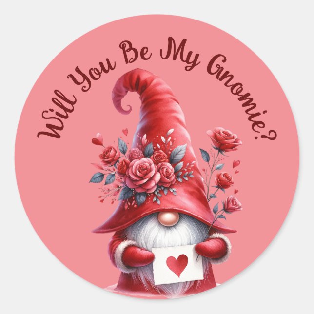 Cute Valentines Gnome with Hearts and Roses  Classic Round Sticker (Front)