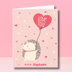 Cute Valentine's hedgehog with balloon pink Holiday Card