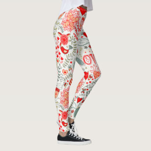 Cute Valentines Pattern, Text, Birds & Flowers Leggings