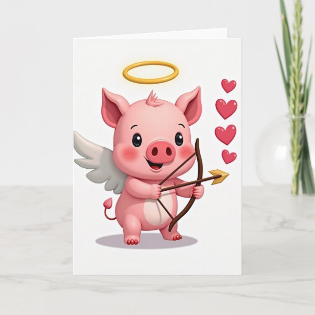 Cute Valentines Pig Cupid Card (Front)
