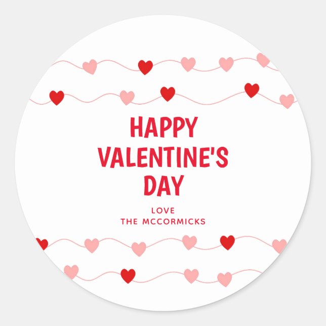 Cute Valentines Pink Red Hearts Personalised Classic Round Sticker (Front)