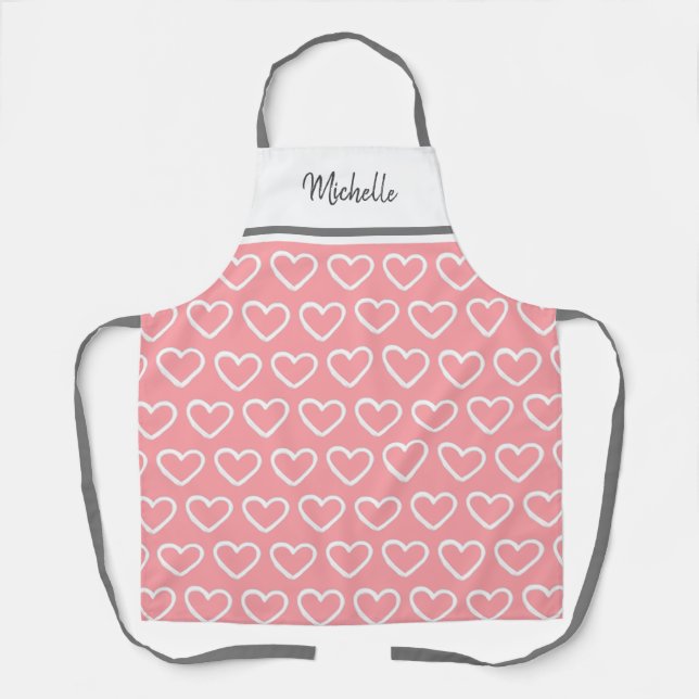 Cute Valentines Pink White Heart Pattern Name Apron (Front)