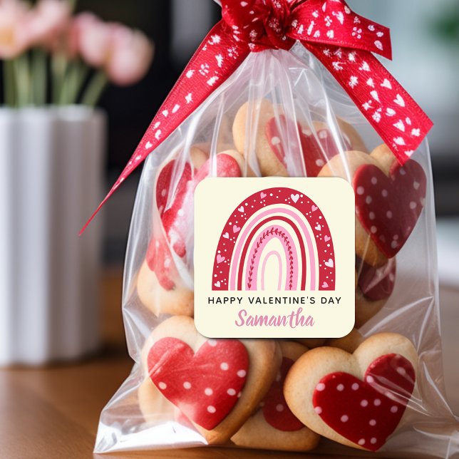 Cute Valentines Rainbow Personalised Square Sticker (Cute Valentines Rainbow Personalized Square Sticker)