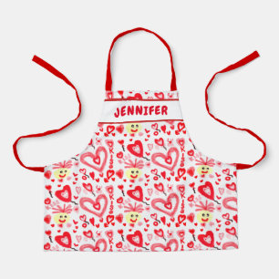 Cute Valentines Red Pink Heart Doodle Name Kids Apron