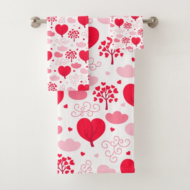 Cute Valentines tree shapes hearts pattern Bath Towel Set (Insitu)