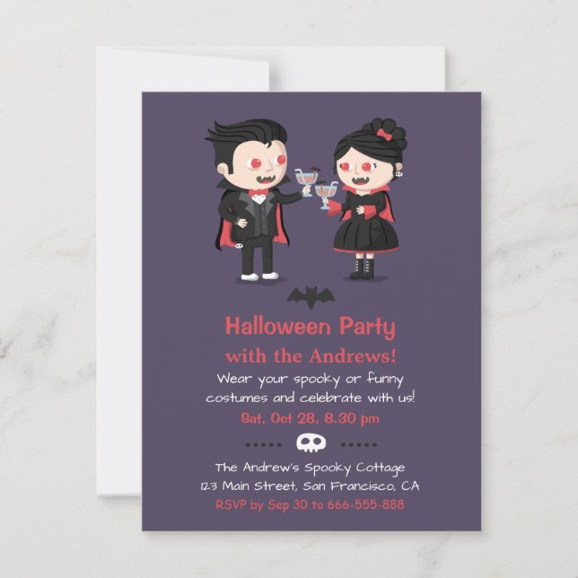 Cute Vampire Couple Halloween Party Invitations (Front)